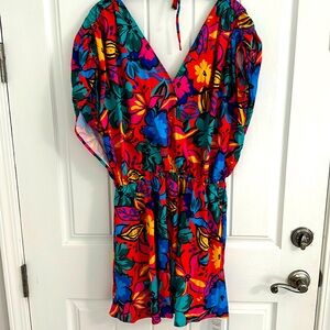 Vibrant tropical surplice mini dress